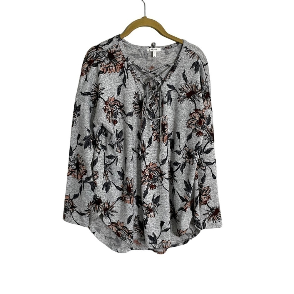 Maurice’s Gray Floral Tie Neckline Blouse Medium